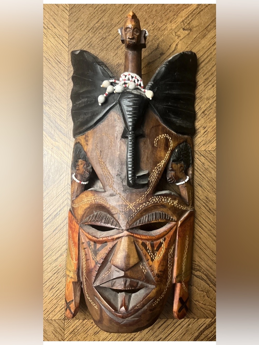 Vintage African Maasai Handmade Hardwood Beaded Tribal Mask - Jambo Kenya - NICE